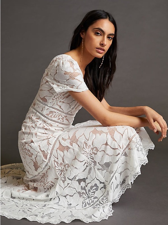 Anthropologie Dresses & Skirts - Anthropologie Cream Lace Midi Dress with Puff Sleeves